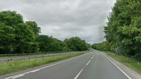 The A66 road has two lanes on either side of a metal central reservation barrier. The road is bordered by lush green trees and there is a patch of grass down the middles too. There are cars in the distance.