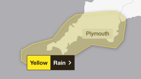 A map of Devon and Cornwall. A grey box which says "Plymouth" is on it. There is a yellow shape over Devon and Cornwall. With a yellow and black box that says "Yellow" and "Rain".