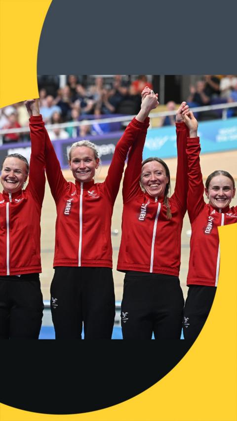 Jess Roberts, Ciara Oliva, Anna Morris and Meg Barker celebrate