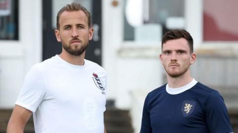 Harry Kane and Andy Robertson in vintage kits