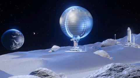 Illustration of a glass dome living space on teh surface of the Moon with Earth in the background. 