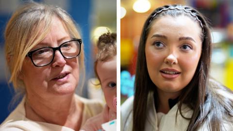 A composite image of two women - an older woman with blonde hair and glasses holding a baby in her arms and a close up of a younger woman with brown hair.
