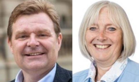 Two portrait head and shoulder shots of a man, left, and woman, right. Both are smiling. The man has short reddish brown hair, a blue shirt and dark blazer. The woman is blonde with blue eyes and is wearing a pale shirt with pastel floral pattern and blue jacket.
