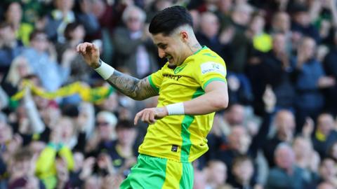 Borja Sainz celebrates a goal for Norwich City