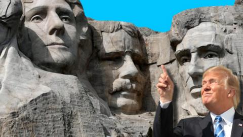 a mock-up image of President Donald Trump pointing to a space on Mount Rushmore