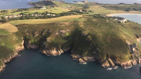 An island coastline with greenery on the cliffs and a row of houses behind.