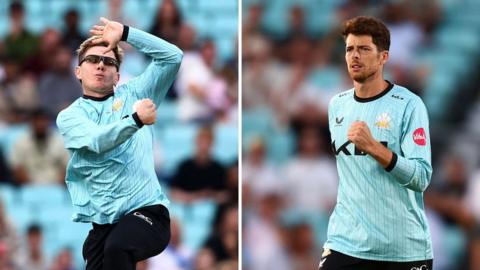 A split image with Adam Zampa bowling on the left and Mitchell Santner celebrating a wicket in the right frame