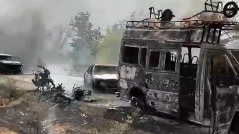 Burnt-out vehicles after they had been set on fire near Bamako