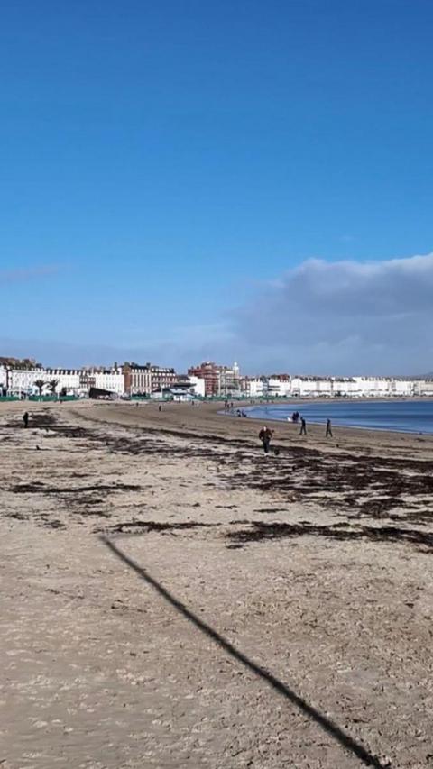 Beach with buildings in the background.