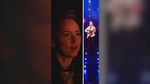 Split screen of KT Tunstall and her avatar