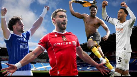 Cardiff City's Yousef Salech, Wrexham's Sam Smith, Bobby Kamwa of Newport County and Swansea City's Ben Cabango