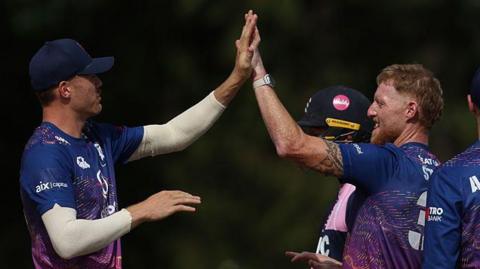 Ben Stokes celebrates his wicket against Middlesex