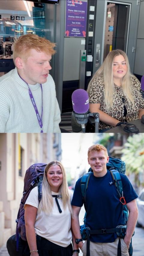Split screen image of Katie and Harrison from Race Across the World