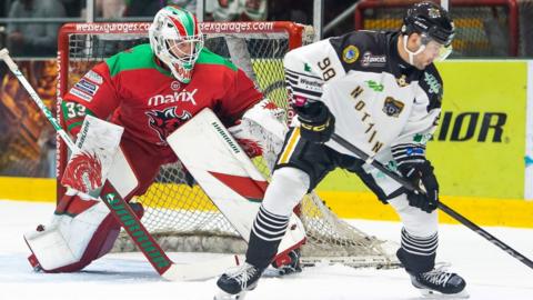 Ben Bowns in net for Cardiff Devils against Nottingham Panthers