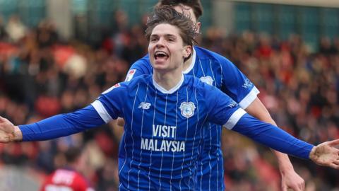Cian Ashford celebrates scoring for Cardiff 