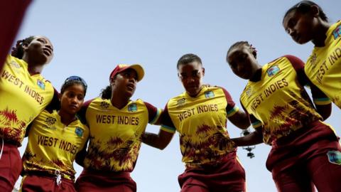 West Indies captain Hayley Matthews leading the West Indies pre-match huddle