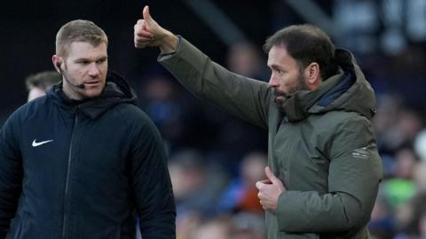 Inigo Calderon, head coach of Bristol Rovers, gestures during the FA Cup third round match against Ipswich Town