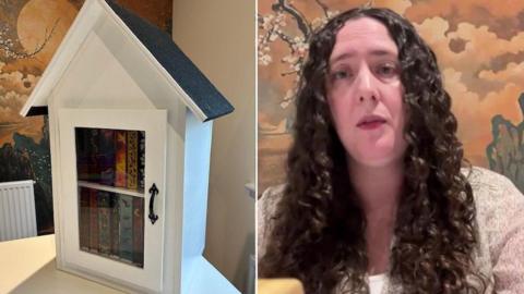 A composite image of Cori Spurway and the little library. Spurway has wavy long brown hair. She is looking at the camera. The wooden library is white and black. If features a glass door with books inside it.