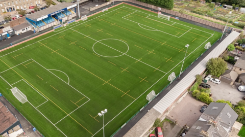 An aerial image of Buxton FC's Silverlands Stadium in Buxton, Derbyshire