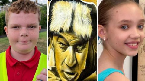 Three images edited together. On the left is a young boy, part of a street art image of a man is in the middle, and on the right is a young girl