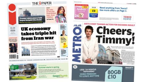 Newspaper headlines: 'UK economy takes triple hit' and 'Cheers, Timmy!'