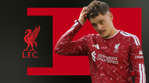 A graphic of Florian Wirtz looking pensive with his hand on his head, in front of a red and black background and the Liverpool club badge