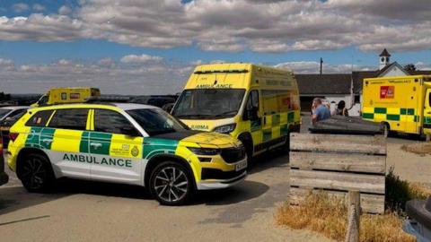 Emergency service vehicles parked on a seafront.