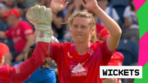 Grace Potts celebrates her wicket