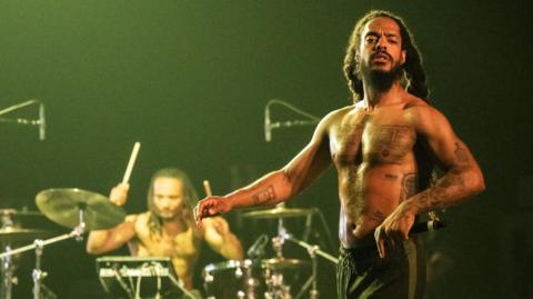 Bobbie Vylan on drums and Bobby Vylan singing at Coachella earlier this year