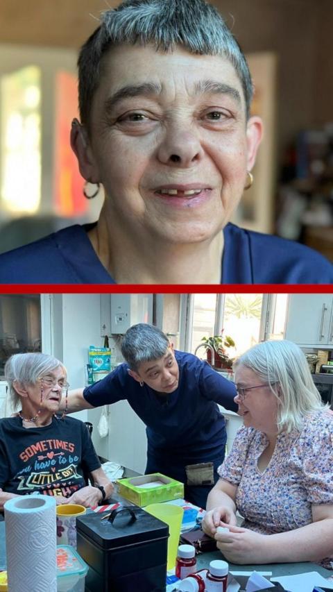 Splitscreen of close up of woman and,below, the woman talking to two other women
