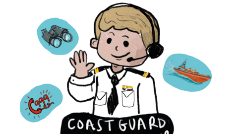 A drawing of a coastguard watch officer in uniform. He is waving at the reader. Around him in blue bubbles are a pair of binoculars, a lifeboat and a phone with 99 written next to it. In a black bubble below him are the words 'coastguard'.