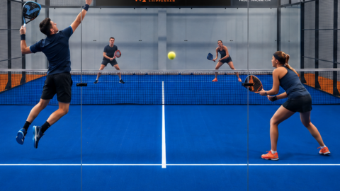 Two men and two women playing Padel wearing navy blue active wear and holding orange and blue padel rackets. They are playing in a padel court with a royal blue floor with orange and black nets. A sign above them reads Padel Chippenham.