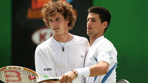 Andy Murray and Novak Djokovic playing doubles together at the Australian Open in 2006