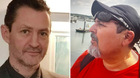 Daniel Coleman is seen in a headshot wearing a black shirt and looking into the camera on the left, while Claudio Aquilino is seen wearing a black cap sunglasses on his head and a red T-shirt, looking to the side, on the right.