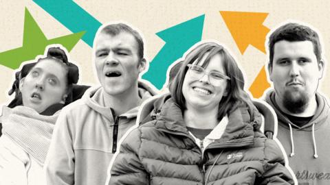 Four images of Rhi (left) Billy (middle left)  Kate (middle right) and Chris (right) against a colourful backdrop of shapes. Their photographs are black and white.