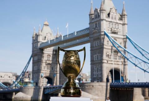 The new Women's Rugby World Cup Trophy on display at Tower Bridge in London
