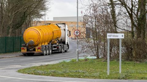A tanker sits outside HMP Millsike prison.