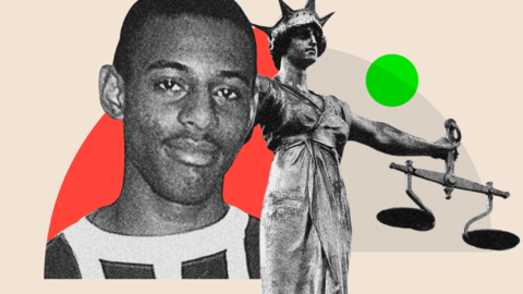 Montage image showing Stephen Lawrence and a justice statue
