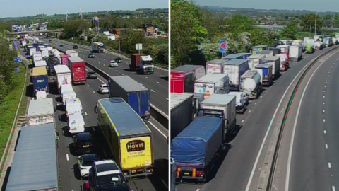 Two images side by side of long traffic queues on a motorway, with cars, lorries, vans and trucks queuing in four lanes.