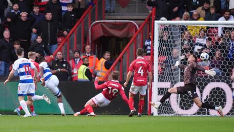 Richard Kone scores QPR's first goal against Bristol City