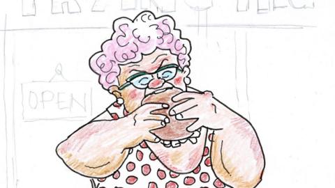 A grandma with pink curly hair, a spotted dress and glasses bites into a chip butty