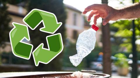 A person throwing a used plastic bottle in the bin, with the recycling emoji symbol next to the photo.