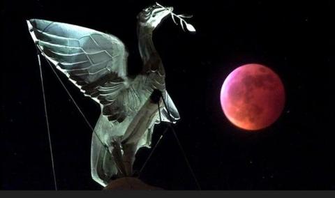 An illuminated Liver Bird with a blood red moon in the background