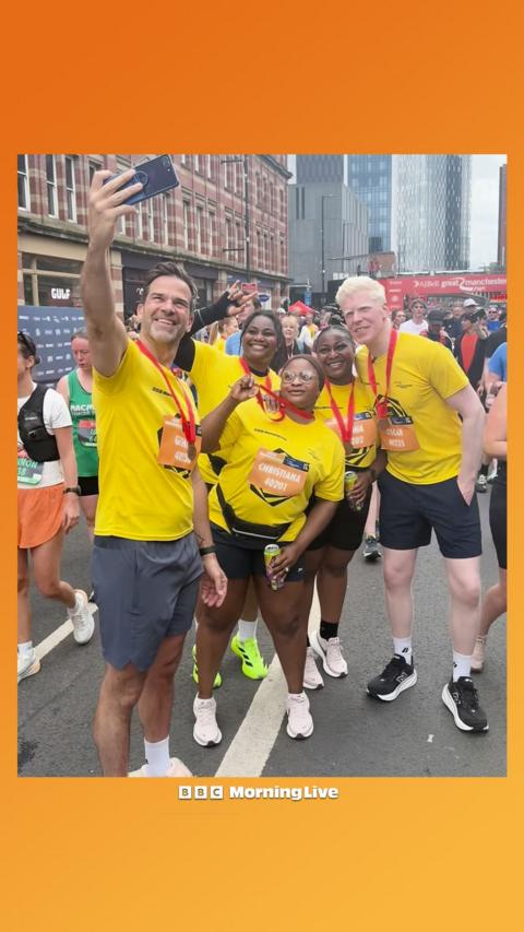Gethin Jones and Oscar Duke at the Great Manchester Run taking a selfie with Morning Live viewers