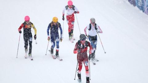 Skiers during the women's heats of the Skimo