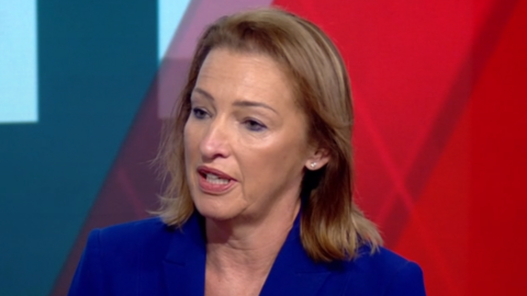 Helsby and Runcorn MP Sarah Pochin, wearing a blue dress, speaks live on BBC Politics North West