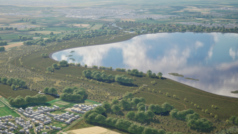A CGI mock-up of the reservoir near Abingdon. It is placed among green fields, whilst the sun radiates off its surface.