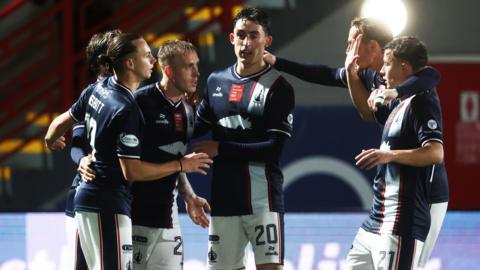 Falkirk’s Calvin Miller celebrateswith Ethan Ross, Keelan Adams and Aidan Nesbitt after scoring to make it 2-0  during a William Hill Championship match between Hamilton Academical and Falkirk at the ZLX Stadium