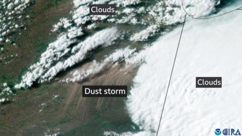A rare view of a dust storm from space
