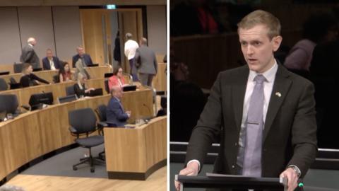 Left: Senedd members walking towards the door. Right: Joe Martin speaking at a lectern in the Senedd.